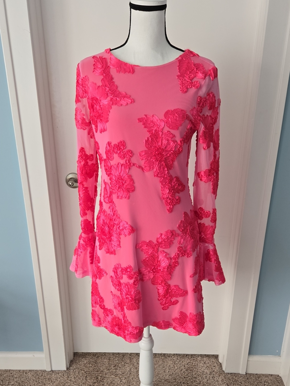 MOTF Neon Pink Floral Lace Appliqué Long Sleeve  Mini Coctail Party Club Dress L